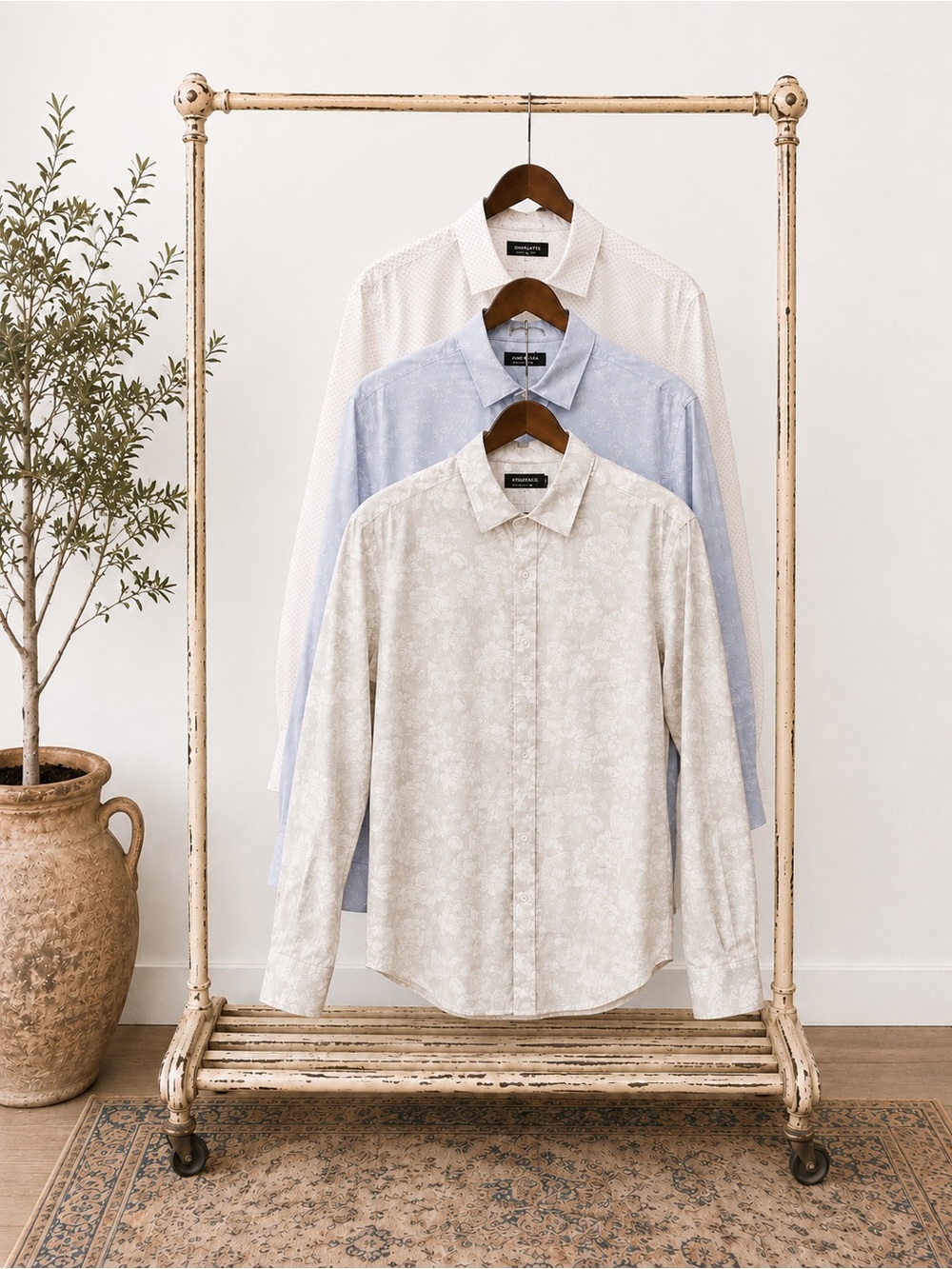3 Men's Neutral Floral Dress Shirts with Subtle Pattern